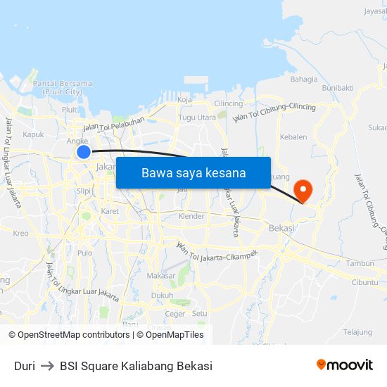 Duri to BSI Square Kaliabang Bekasi map