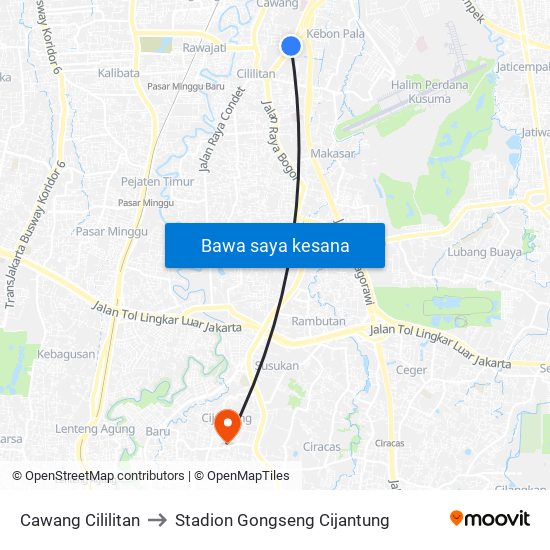 Cawang Cililitan to Stadion Gongseng Cijantung map