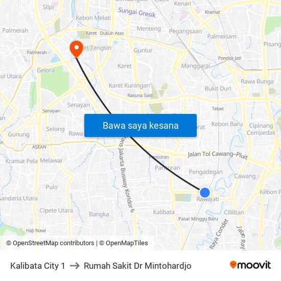 Kalibata City 1 to Rumah Sakit Dr Mintohardjo map