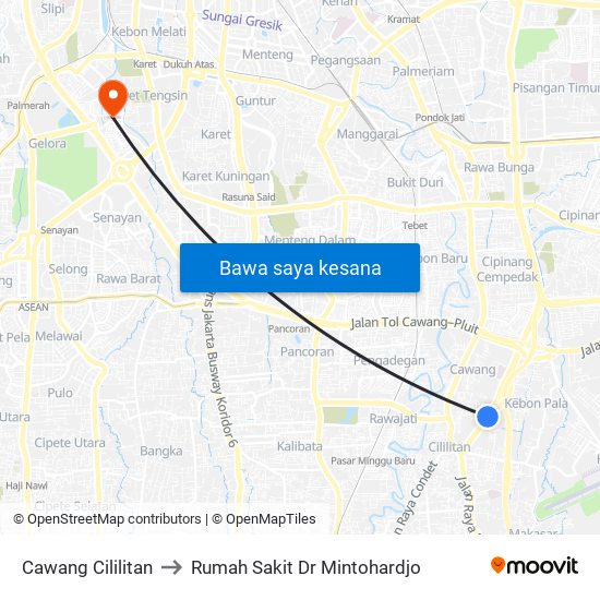 Cawang Cililitan to Rumah Sakit Dr Mintohardjo map