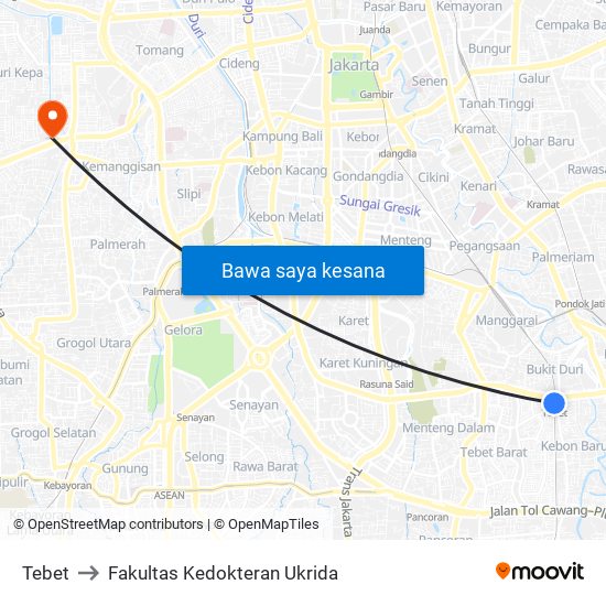 Tebet to Fakultas Kedokteran Ukrida map