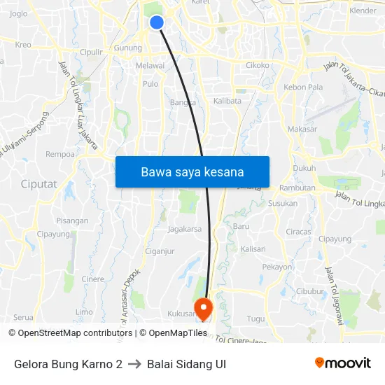 Gelora Bung Karno 2 to Balai Sidang UI map