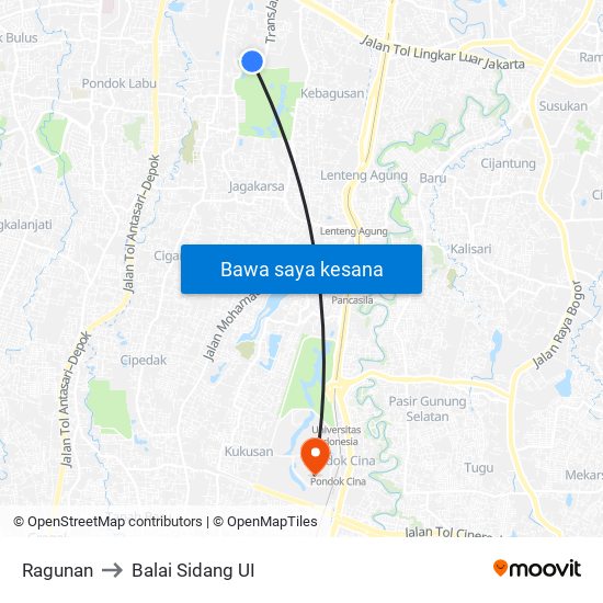 Ragunan to Balai Sidang UI map