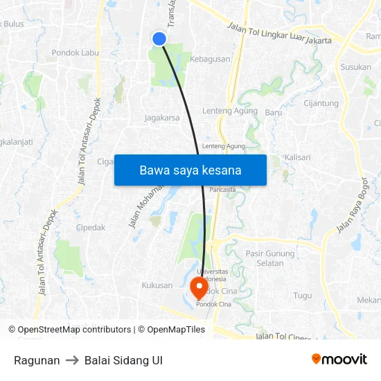 Ragunan to Balai Sidang UI map