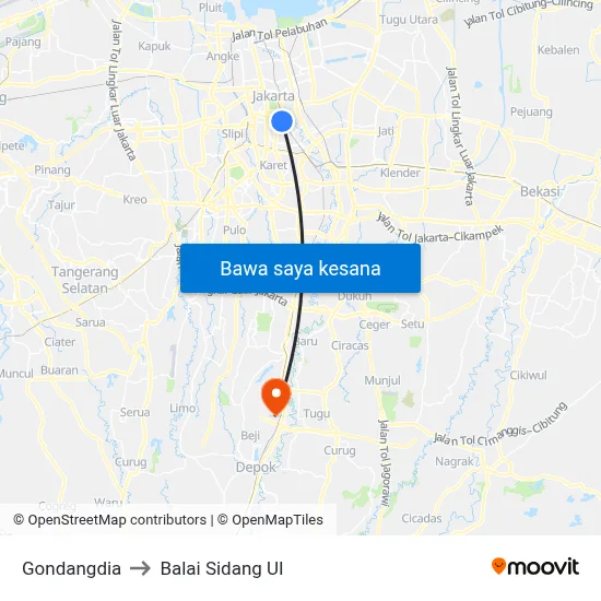 Gondangdia to Balai Sidang UI map
