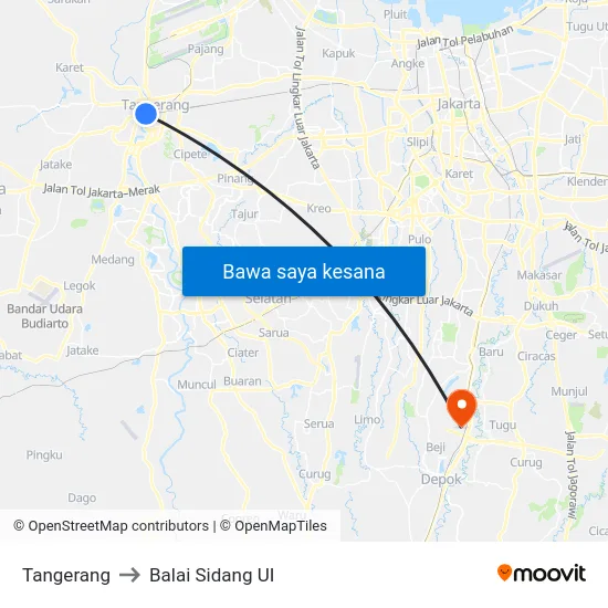 Tangerang to Balai Sidang UI map