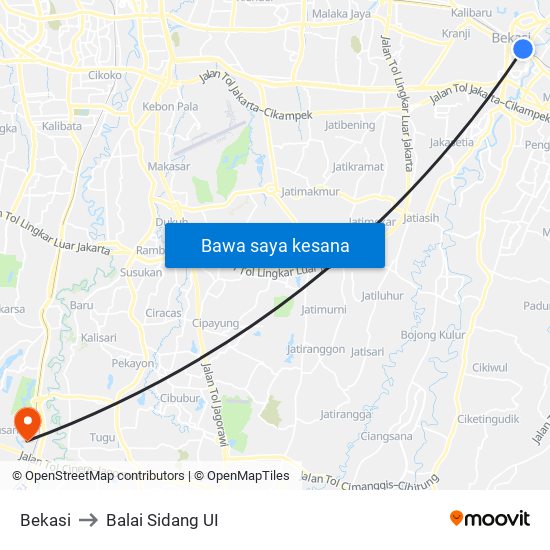 Bekasi to Balai Sidang UI map