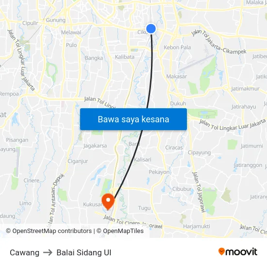 Cawang to Balai Sidang UI map