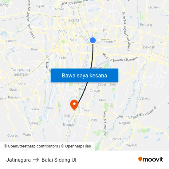 Jatinegara to Balai Sidang UI map