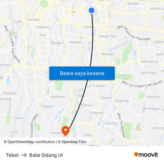 Tebet to Balai Sidang UI map