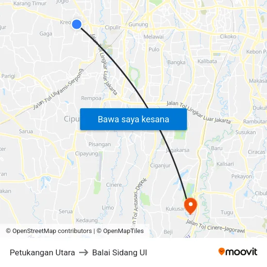 Petukangan Utara to Balai Sidang UI map