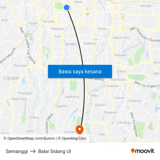 Semanggi to Balai Sidang UI map