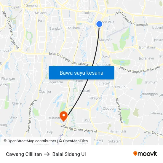 Cawang Cililitan to Balai Sidang UI map