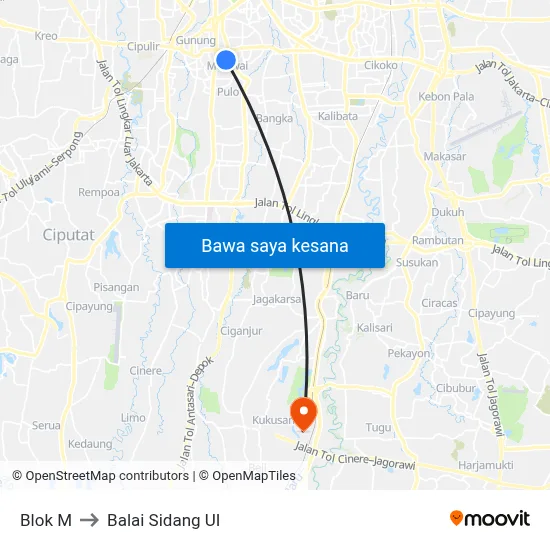 Blok M to Balai Sidang UI map
