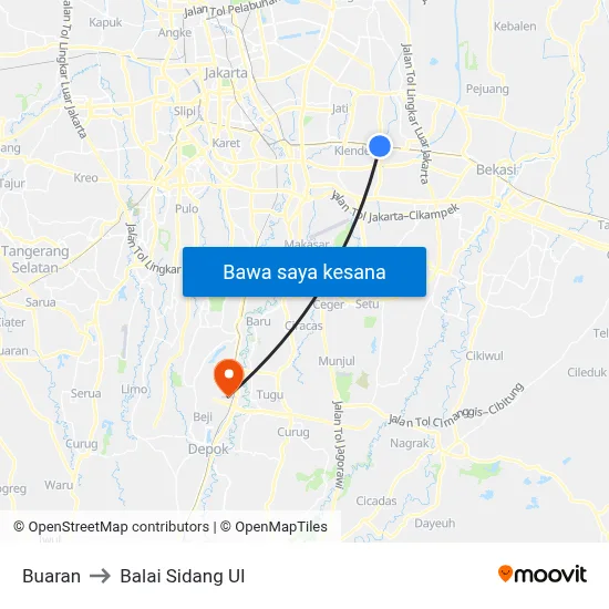 Buaran to Balai Sidang UI map