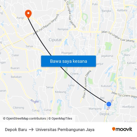 Depok Baru to Universitas Pembangunan Jaya map