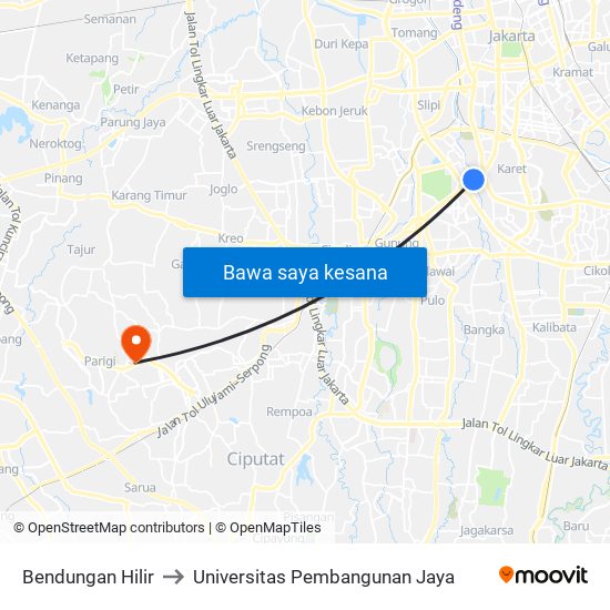 Bendungan Hilir to Universitas Pembangunan Jaya map