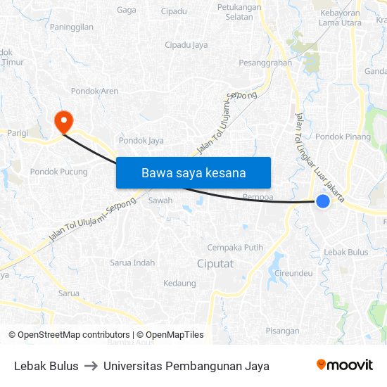 Lebak Bulus to Universitas Pembangunan Jaya map