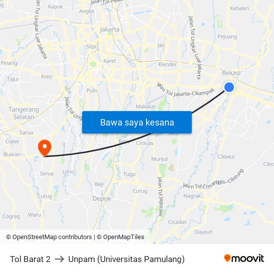 Tol Barat 2 to Unpam (Universitas Pamulang) map