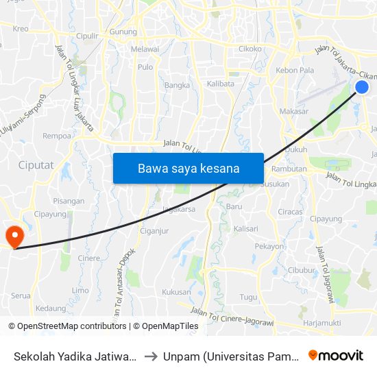 Sekolah Yadika Jatiwaringin to Unpam (Universitas Pamulang) map