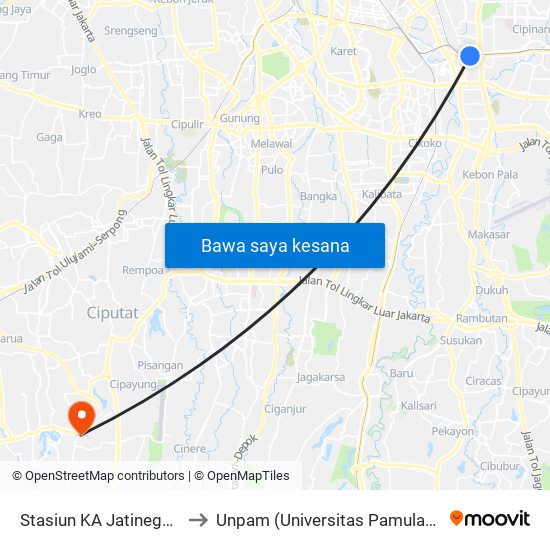 Stasiun KA Jatinegara to Unpam (Universitas Pamulang) map