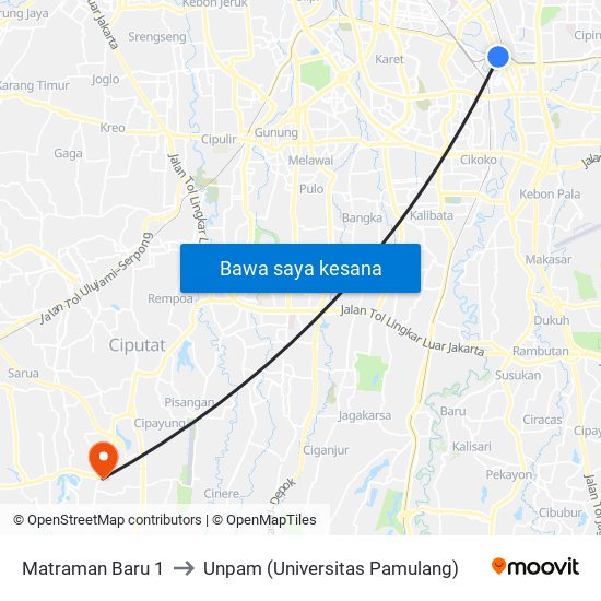 Matraman Baru 1 to Unpam (Universitas Pamulang) map