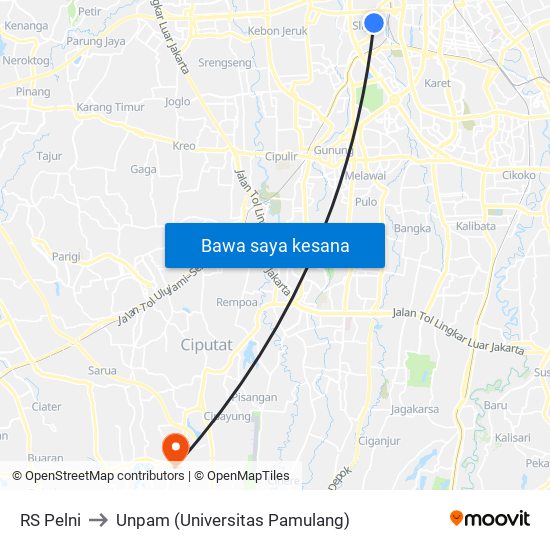 RS Pelni to Unpam (Universitas Pamulang) map