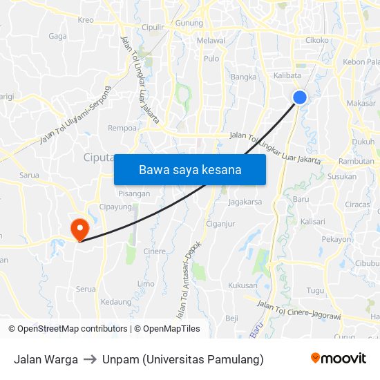 Jalan Warga to Unpam (Universitas Pamulang) map