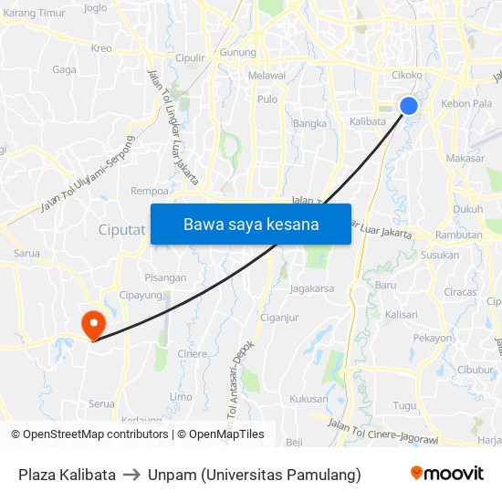 Plaza Kalibata to Unpam (Universitas Pamulang) map