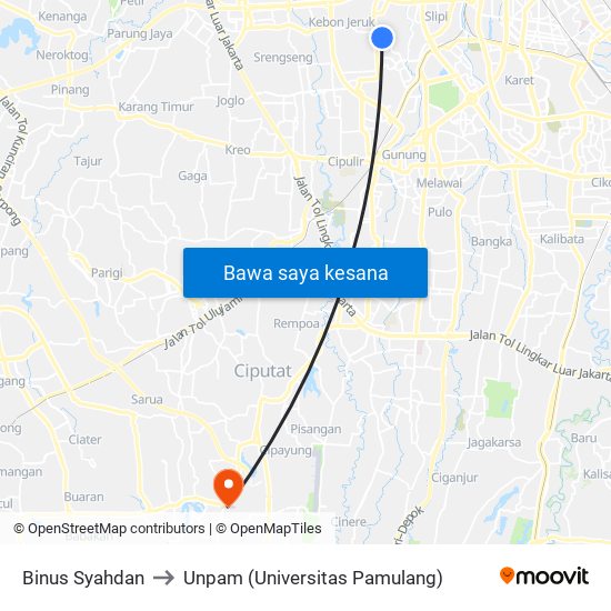 Binus Syahdan to Unpam (Universitas Pamulang) map