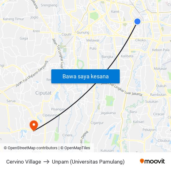 Cervino Village to Unpam (Universitas Pamulang) map