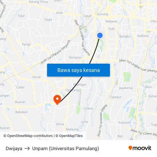 Dwijaya to Unpam (Universitas Pamulang) map
