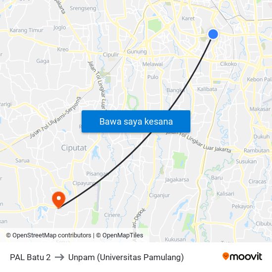 PAL Batu 2 to Unpam (Universitas Pamulang) map