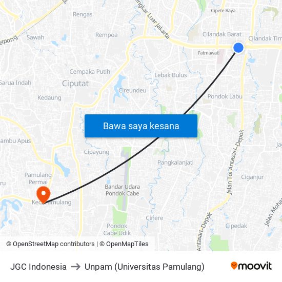 JGC Indonesia to Unpam (Universitas Pamulang) map