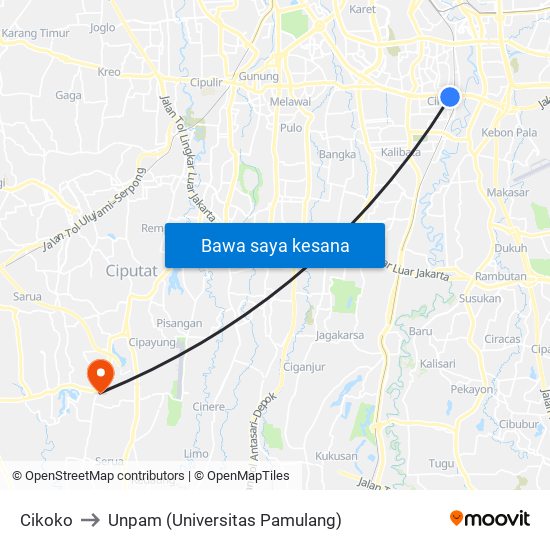 Cikoko to Unpam (Universitas Pamulang) map