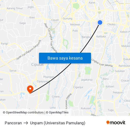 Pancoran to Unpam (Universitas Pamulang) map
