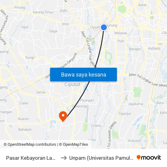 Pasar Kebayoran Lama 1 to Unpam (Universitas Pamulang) map