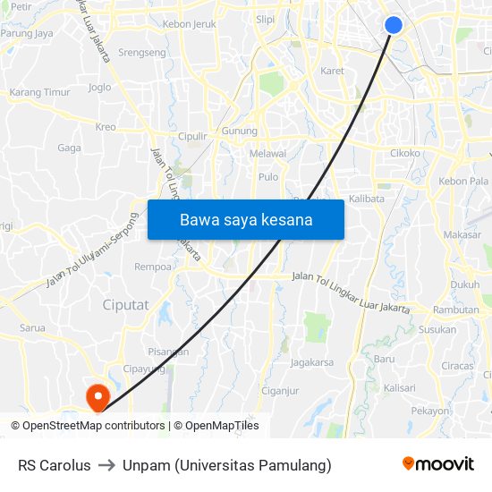 RS Carolus to Unpam (Universitas Pamulang) map