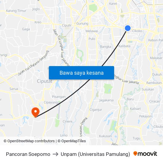 Pancoran Soepomo to Unpam (Universitas Pamulang) map