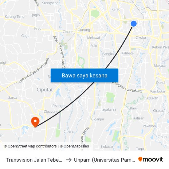Transvision Jalan Tebet Raya to Unpam (Universitas Pamulang) map