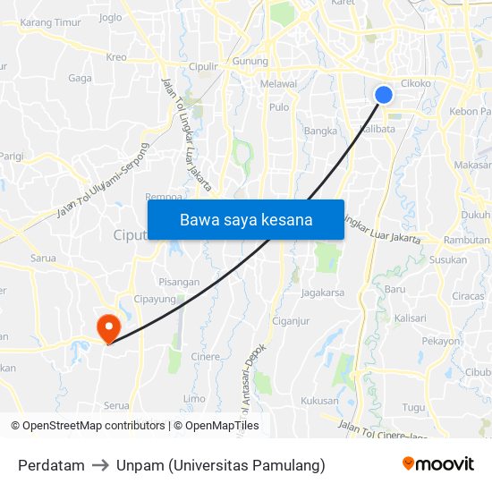 Perdatam to Unpam (Universitas Pamulang) map