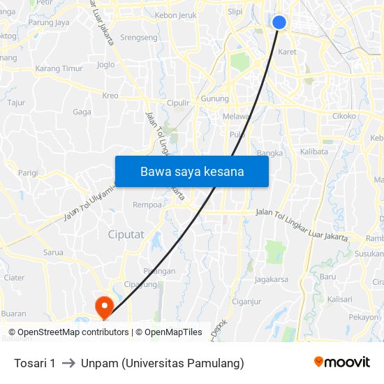 Tosari 1 to Unpam (Universitas Pamulang) map