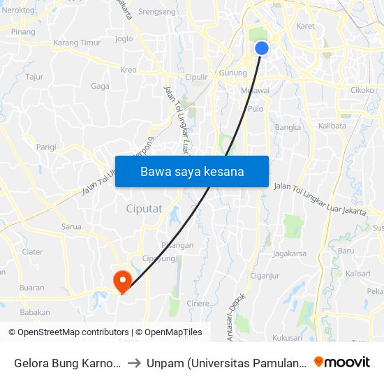 Gelora Bung Karno 1 to Unpam (Universitas Pamulang) map