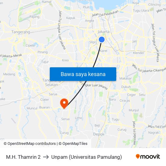 M.H. Thamrin 2 to Unpam (Universitas Pamulang) map