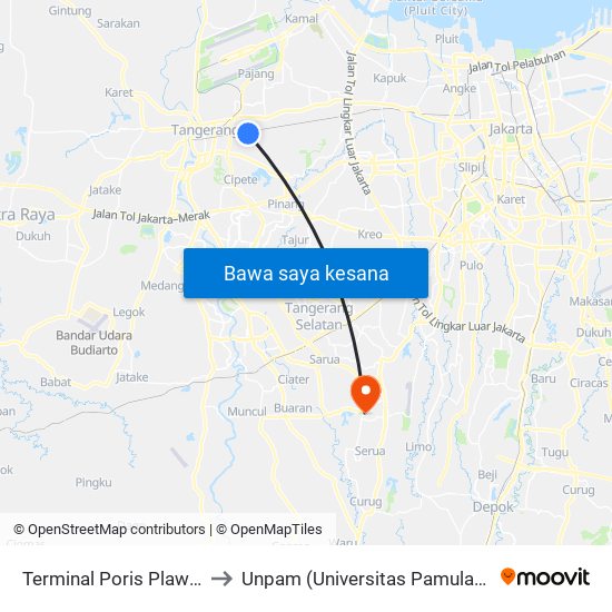 Terminal Poris Plawad to Unpam (Universitas Pamulang) map