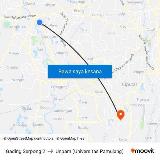 Gading Serpong 2 to Unpam (Universitas Pamulang) map