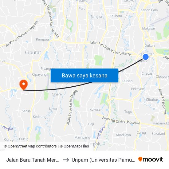 Jalan Baru Tanah Merdeka to Unpam (Universitas Pamulang) map