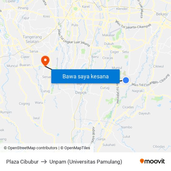 Plaza Cibubur to Unpam (Universitas Pamulang) map