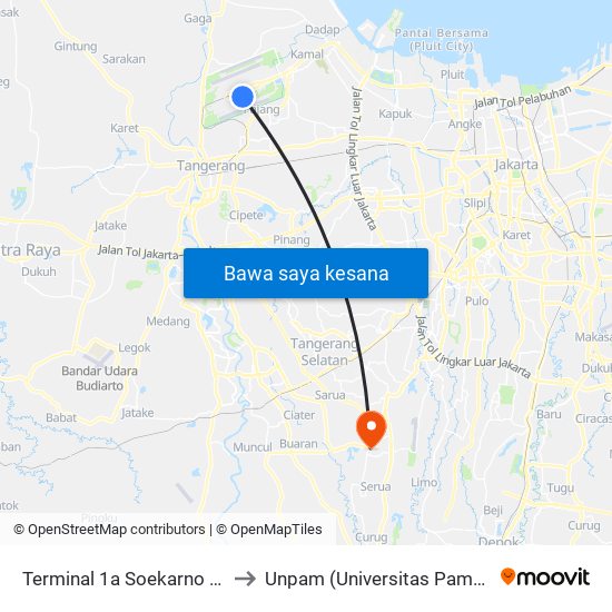 Terminal 1a Soekarno Hatta to Unpam (Universitas Pamulang) map