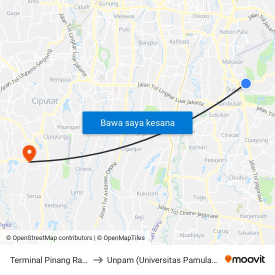 Terminal Pinang Ranti to Unpam (Universitas Pamulang) map